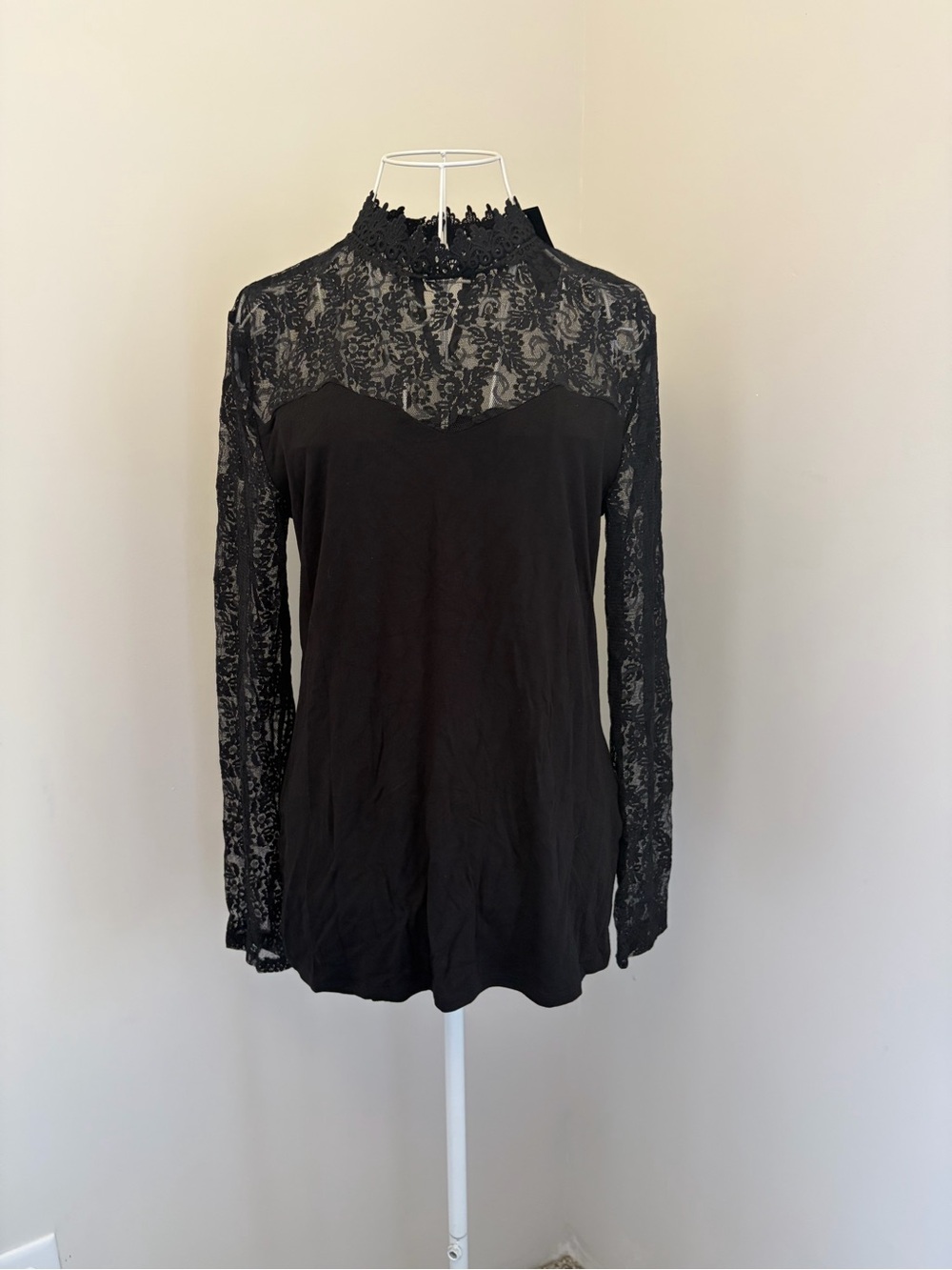 INC International Concepts Black Lace Mock Neck Long Sleeve Top